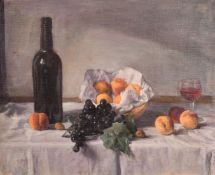 George Weissbort (1928-2013), a still life of fruit and wine on a white tablecloth, oil on canvas