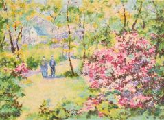 Lelia Pissarro (b. 1963), figures on a woodland path with wildflowers in bloom, serigraph, signed in