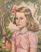 Arthur Ferrier (1890-1973), a portrait study of a young girl standing in front of a horse, oil on