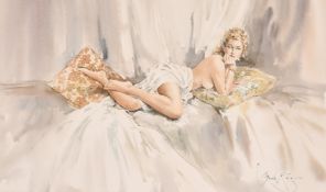 Gordon King (1939-2022), a recumbent female nude lying across a pillow, watercolour, signed, 17