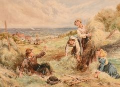W. E. Coleman, 19th Century, young women harvesting with a landscape view beyond, watercolour,