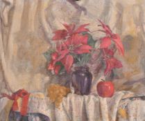 George Weissbort (1928-2013), a still life of a red flowers and fruit, oil on canvas laid down,