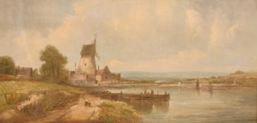 A. Vickers (19th Century), figures on a lakeside path approaching a windmill, oil on canvas, signed,