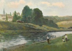 H. E. Lewis (20th Century), figures on a riverbank, oil on board, signed with initials, 13