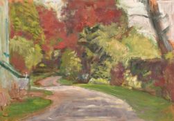 George Weissbort (1928-2013), view of a town from open fields, oil on board, 18