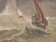 T.E.W. Lewis (19th/20th Century), sailors passing provisions to a lighthouse in heavy seas, oil on