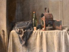 George Weissbort (1928-2013), a still life of a lantern, a bottle and a box of matches on a white