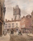 Edgar Thomas Wood, Circa 1885, a London view with figures in a street with Fore Street and Jewin