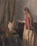 George Weissbort (1928-2013), a female figure by a table, oil on canvas laid down, signed, 21.5