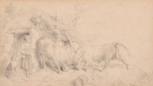 Circle of Landseer, bulls clashing outside a country dwelling with a female figure looking on,