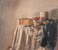 George Weissbort (1928-2013), a still life of wine, bread and other objects on a tabletop, oil on