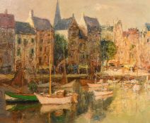 Early 20th Century Continental School, a view of the port of Honfleur, oil on canvas, indistinctly