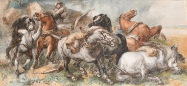 Harden Sidney Melville (1824-1894), frightened horses and their mounts gathered beneath a