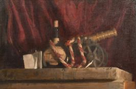 George Weissbort (1928-2013), a still life study of items on a shelf including a canon, oil on