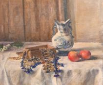 George Weissbort (1928-2013), a still life study of fabric, fruit and a blue and white vase, oil