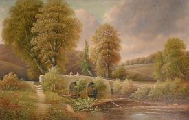 George Harris (1855-1936), figures fishing from a stone bridge, oil on canvas, signed, 22