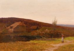 Leopold Rivers (1852-1905), female figure on a country track near farm buildings approaching dusk,