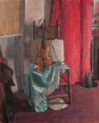 George Weissbort (1928-2013), a still life of a violin and bow on a chair, oil on canvas laid