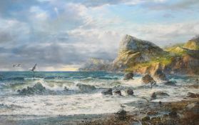 Mikhail Anatolyevich, 20th Century, a coastal view with seagulls, oil on canvas, inscribed verso