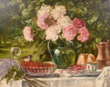 Late 19th Century Continental School, a still life of flowers and other objects on a table in a