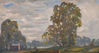 John Brown (20th Century), trees in an open landscape, oil on board, 10