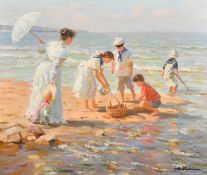 Alexandre Averin (b. 1952), elegant children playing on a beach, oil on canvas, signed, inscribed