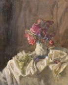 George Weissbort (1928-2013), a still life of a jug of flowers with grapes set on a white cloth, oil