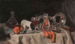 George Weissbort (1928-2013), a still life with a horn and roses, oil on canvas laid down, signed,