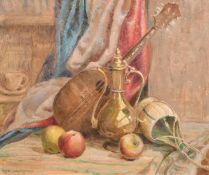 Iris Jackman, Still life with carafe, apples and a mandolin, oil on canvas board, signed, 20