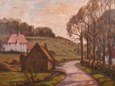 John Brown (20th Century), a country road between houses with a hilltop church at dusk, oil on