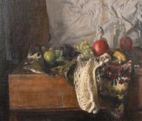 George Weissbort (1928-2013), a still life of fruit and other objects on a tabletop, oil on canvas