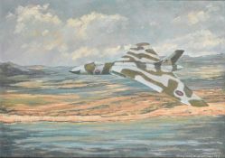 Marjorie Macartney, Circa 1977, 'Tactical Vulcan', XM646, a camouflaged Vulcan bomber in low flight,