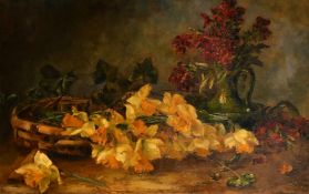 Late 19th Century, possibly Belgian School, a still life of mixed flowers on a tabletop, oil on