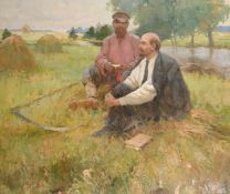 20th Century Soviet Subject, Lenin seated by a riverbank alongside a farmer, with harvested fields