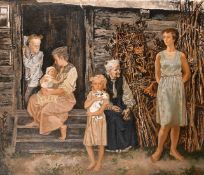 Boris Mikhaylov (1959-2015) Ukrainian, 'Anticipation', a family waiting outside a homestead, oil