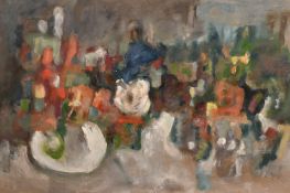 George Weissbort (1928-2013), a semi abstract landscape view with figures, oil on board, unframed,