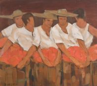 Oscar de Zalameda (1930-2010), Philippines, a study of five male figures with gathered fruit,