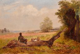 Walter Vernon (Late 19th Century), figures resting on a log, oil on board, signed, 6