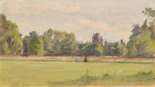 George Weissbort (1928-2013), a landscape view of figures in a park, oil on board, signed, 7.25