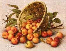 Svetlana Pakhomova (b. 1946), a still life of apricots in a basket, oil on canvas board, signed,