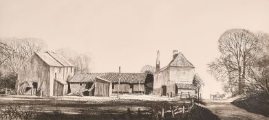 Rowland Hilder, study of a farmyard, etching, signed in pencil, inscribed and dated 1954, plate size