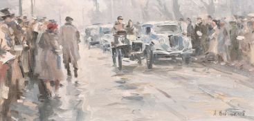 20th Century Russian School, a scene of cars and crowds on a busy city street, oil on board, 7.5
