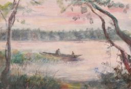 George Weissbort (1928-2013), a watercolour scene of figures on a boat on a river at dusk, 6