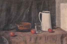 George Weissbort (1928-2013), a still life of kitchen objects and tomatoes, oil on canvas laid down,