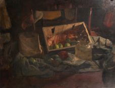 George Weissbort (1928-2013), a still life of apples and a glass vessel on a tabletop, oil on board,