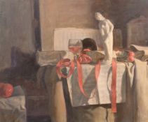 George Weissbort (1928-2013), a still life of a glass of wine with a classical figurine, oil on