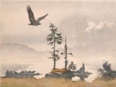 Leo Frank, an eagle flying over a landscape, colour woodcut, signed in pencil, 8