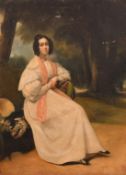 Circle of George Chinnery, a lady seated in a wooded landscape, oil on canvas, 17
