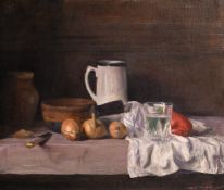George Weissbort (1928-2013), a still life of onions, a white jug and other objects on a table,