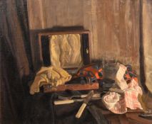 George Weissbort (1928-2013), a still life of mixed objects including cutlery, oil on canvas laid